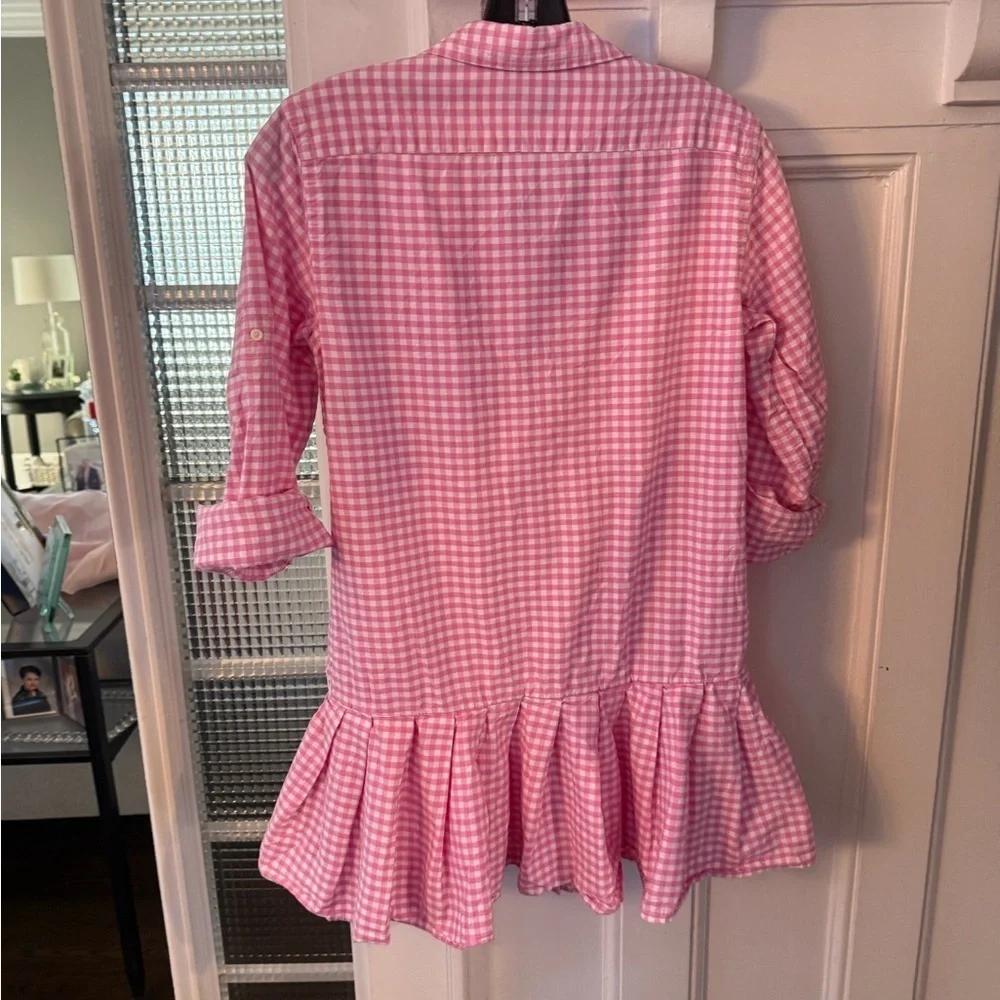 Ralph Lauren Girls Shirt Dress Pink/White Check Pleated Skirt Drop Waist Sz 16
